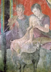Satyr spielt die Panflöte und Nymphe stillt eine Ziege, 60-50 v. Chr.